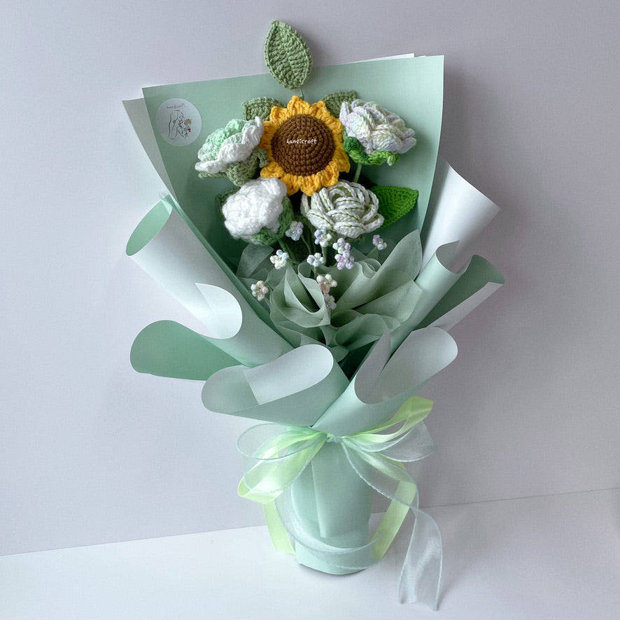 handicroft handmade crochet sunflower & roses flower bouquet sunshine & roses in green