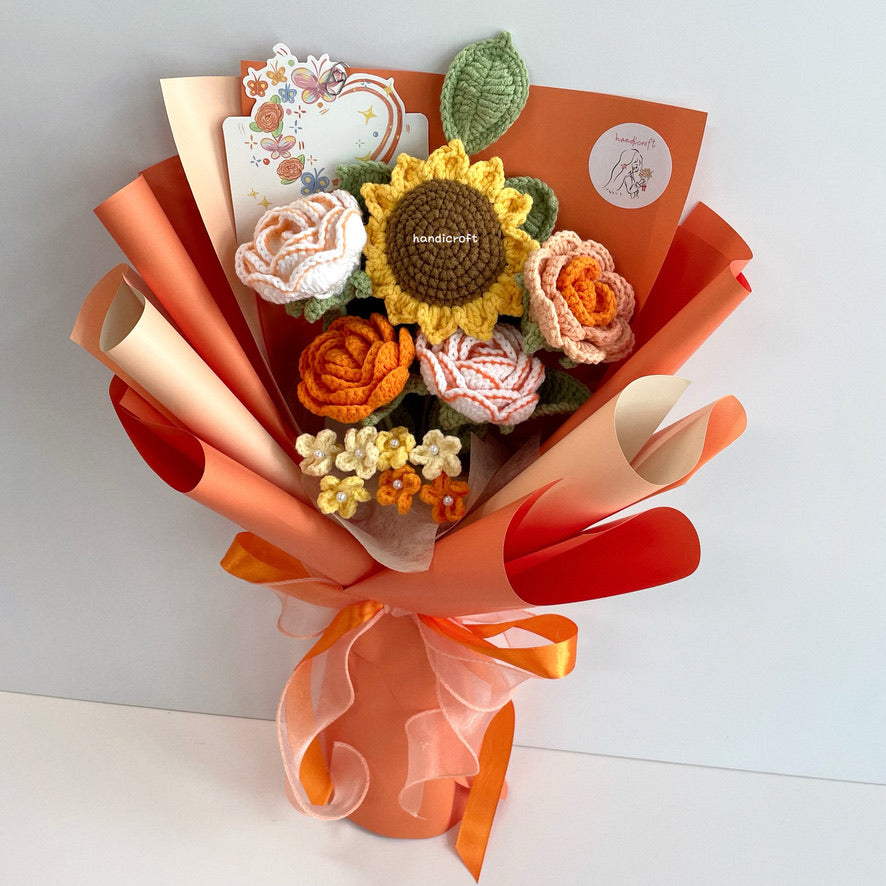 handicroft handmade crochet sunflower & roses flower bouquet sunshine & roses in orange
