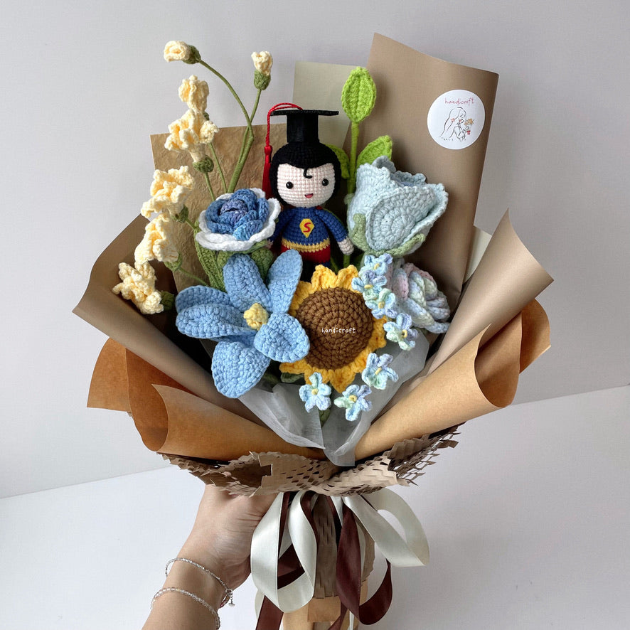 handicroft handmade crochet superman graduation flower bouquet super grad success blossoms