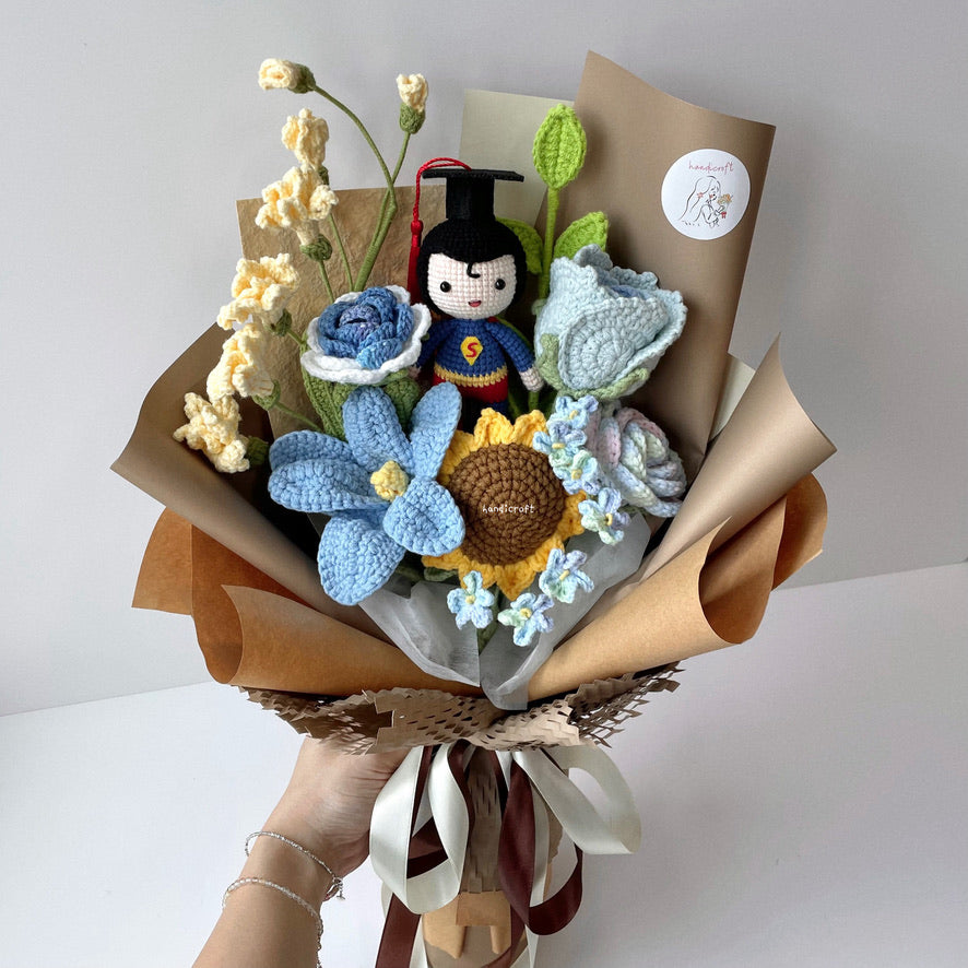 handicroft handmade crochet superman graduation flower bouquet super grad success blossoms