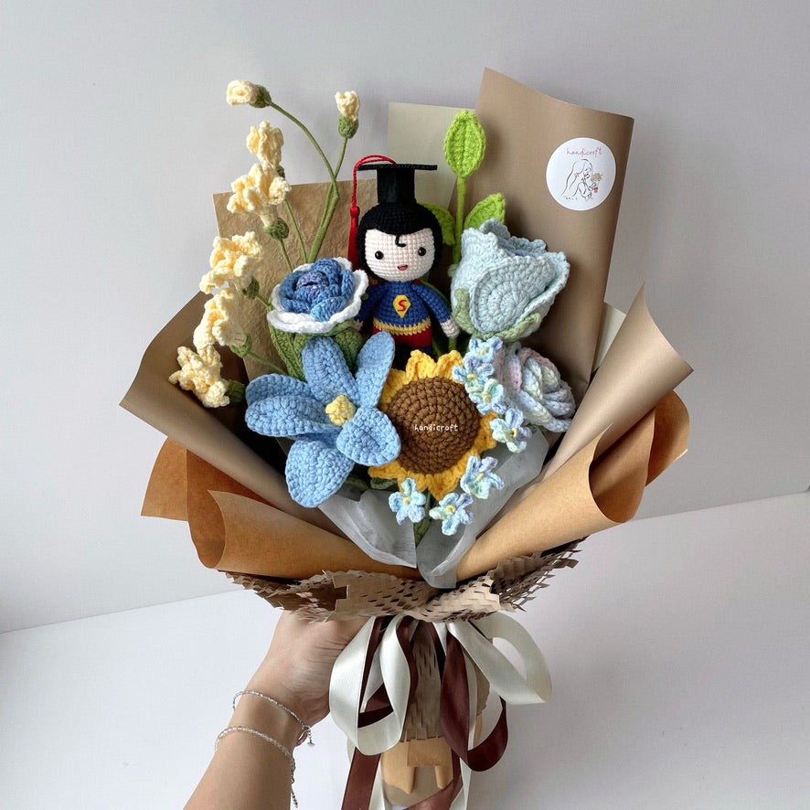 handicroft handmade crochet superman graduation flower bouquet super grad success blossoms