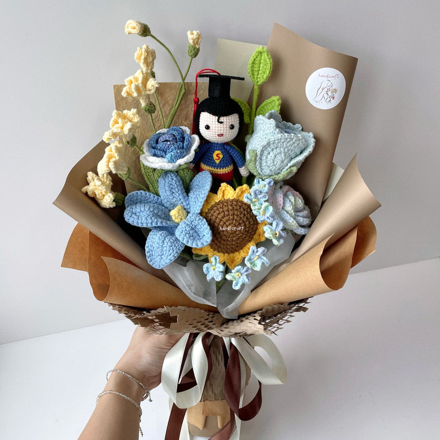 handicroft handmade crochet superman graduation flower bouquet super grad success blossoms