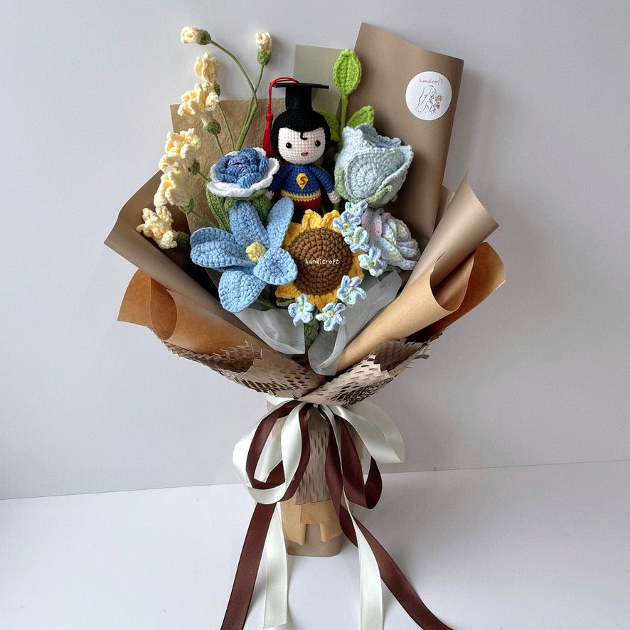 handicroft handmade crochet superman graduation flower bouquet super grad success blossoms