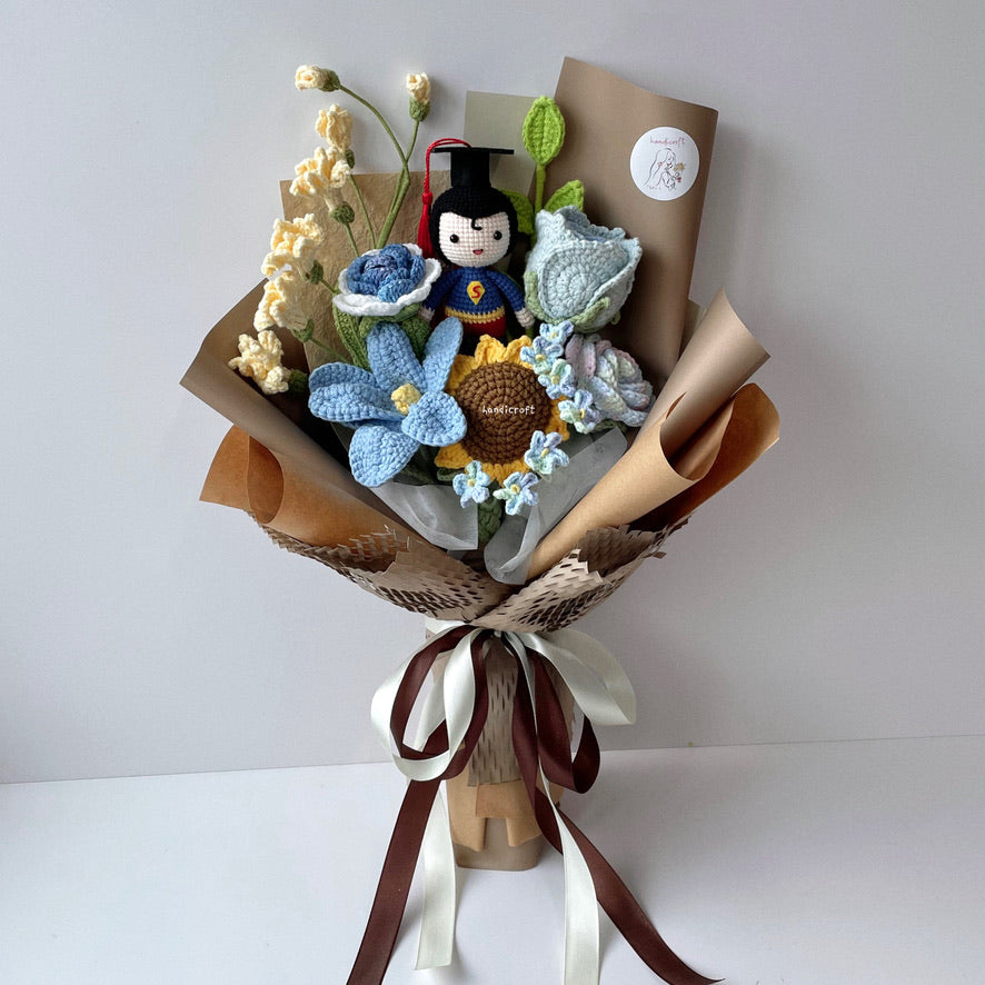 handicroft handmade crochet superman graduation flower bouquet super grad success blossoms