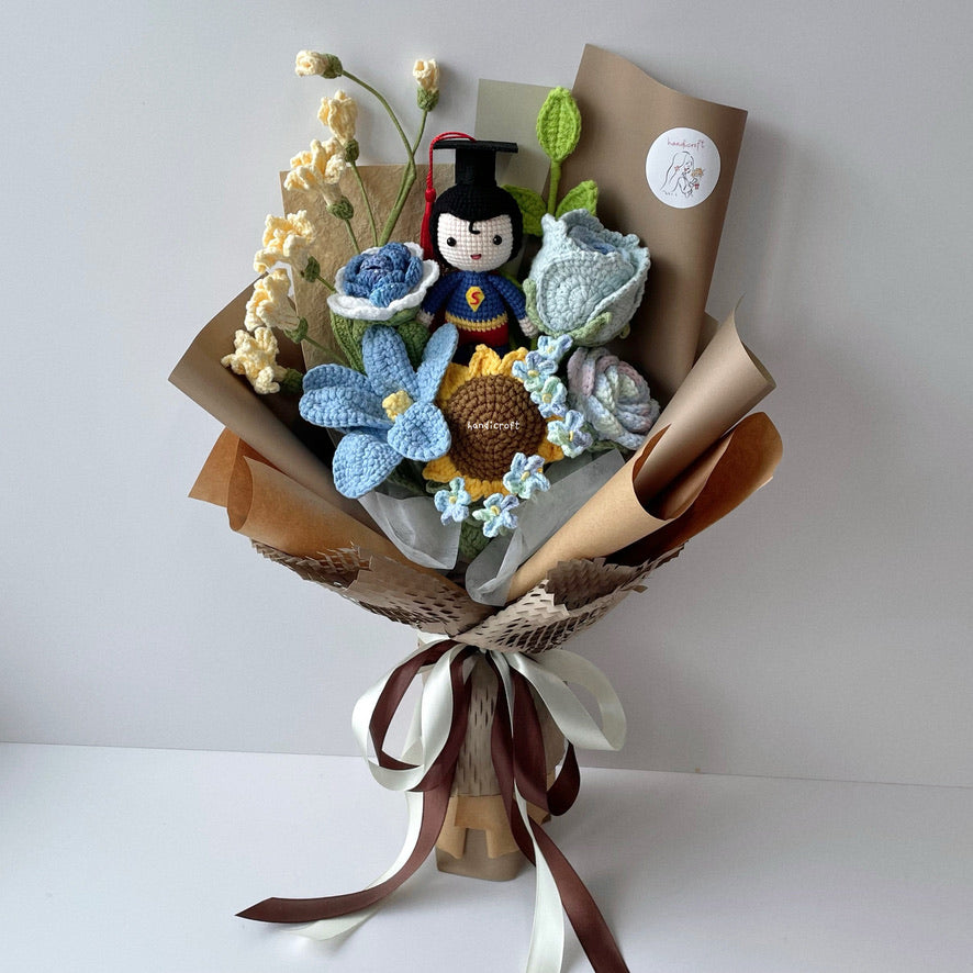 handicroft handmade crochet superman graduation flower bouquet super grad success blossoms