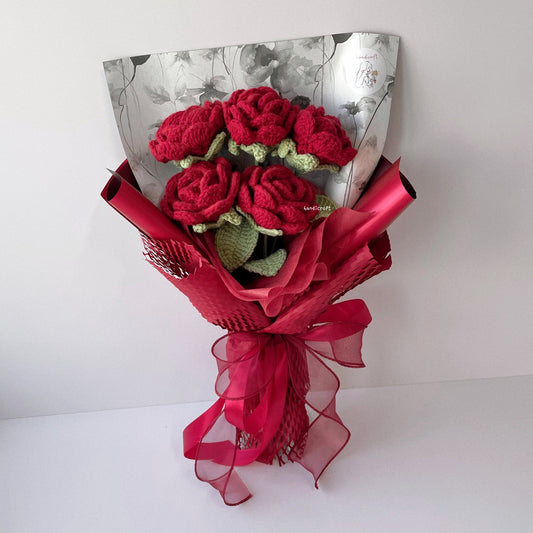 handicroft handmade crochet wine red roses flower bouquet cherry bloom