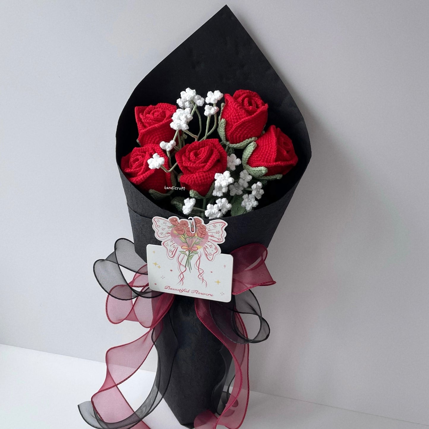 handicroft handmade crochet wineglass roses flower bouquet a toast to love red