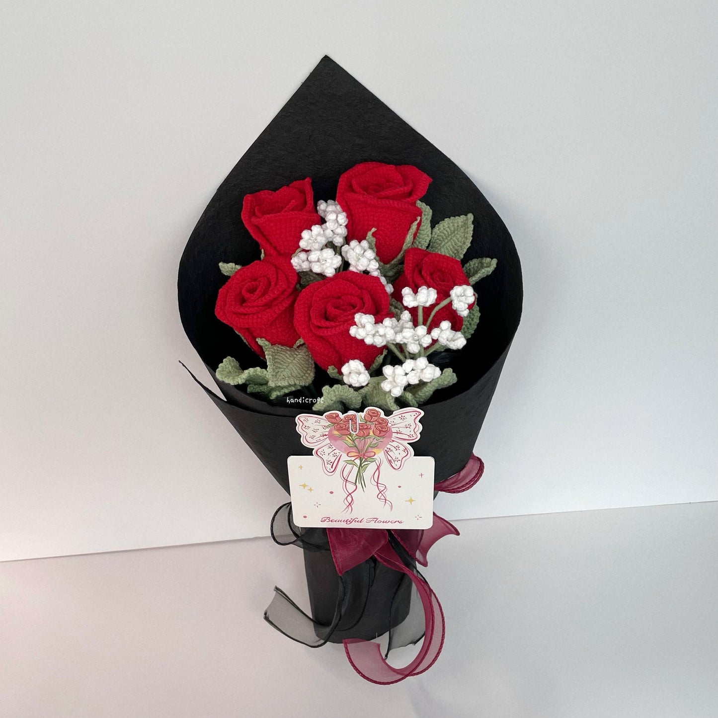 handicroft handmade crochet wineglass roses flower bouquet a toast to love red