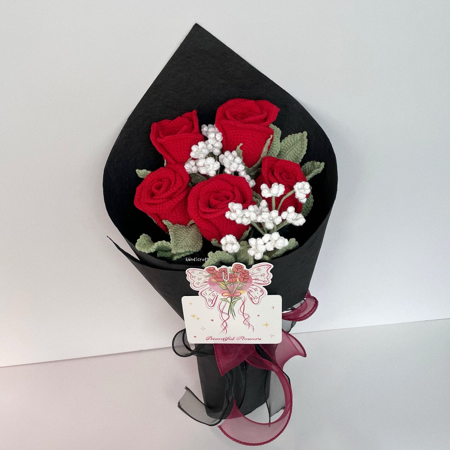 handicroft handmade crochet wineglass roses flower bouquet a toast to love red