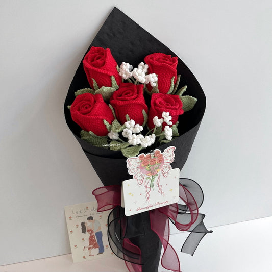 handicroft handmade crochet wineglass roses flower bouquet a toast to love red