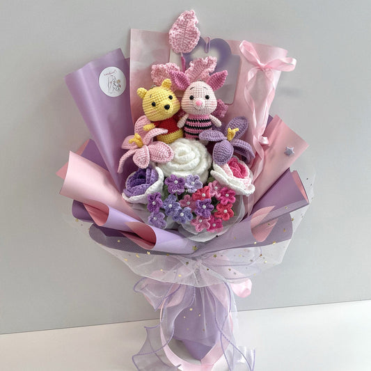 handicroft handmade crochet winnie the pooh & piglet amigurumi pastel pink & purple flower bouquet pooh & piglet pastel blooms