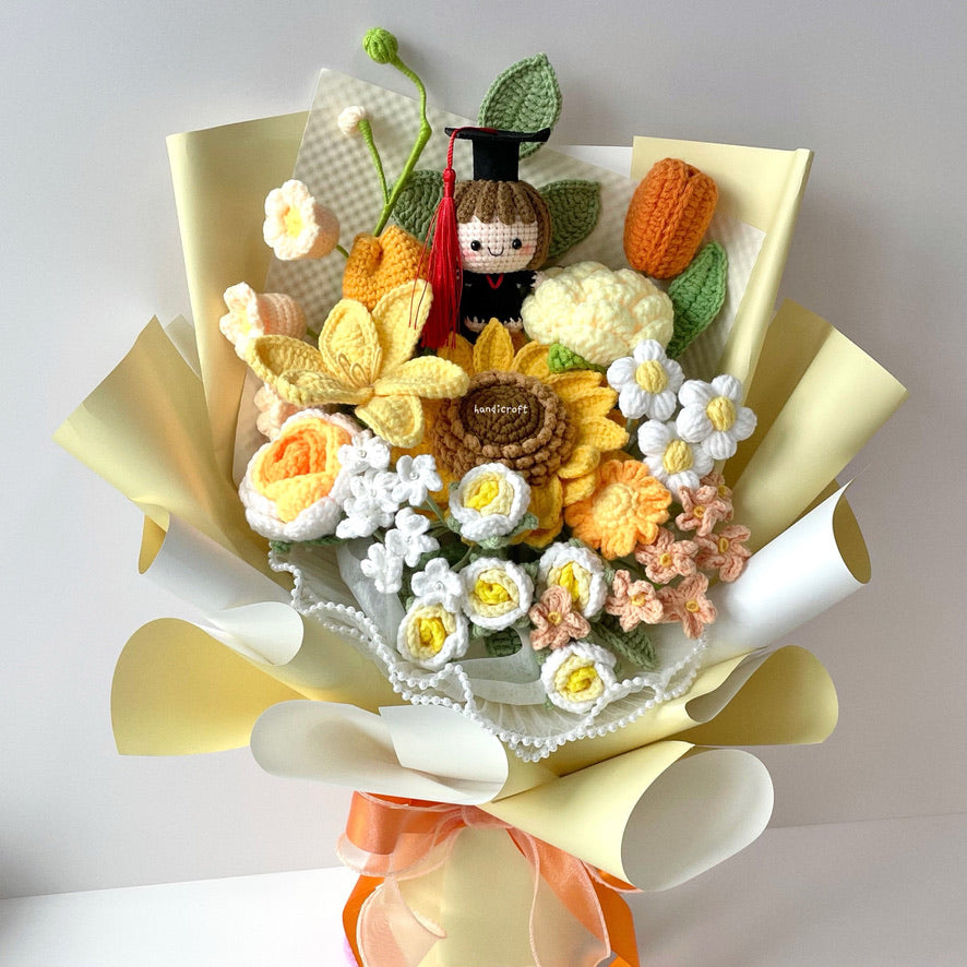 handicroft handmade crochet yellow graduation flower bouquet sunny side up