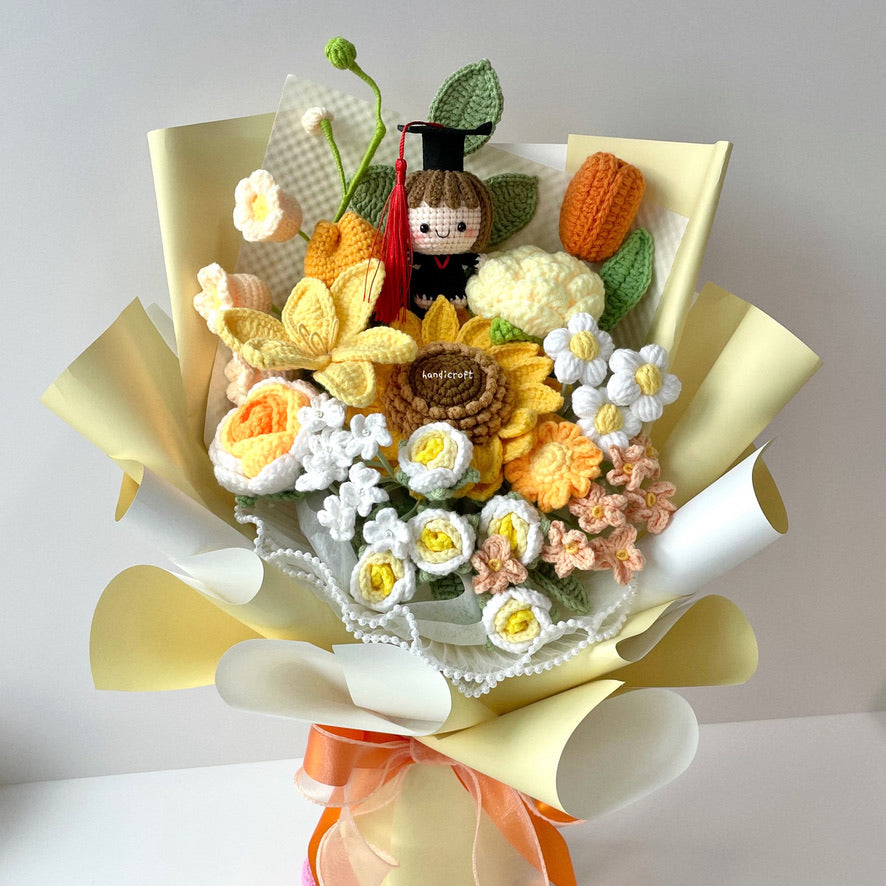 handicroft handmade crochet yellow graduation flower bouquet sunny side up