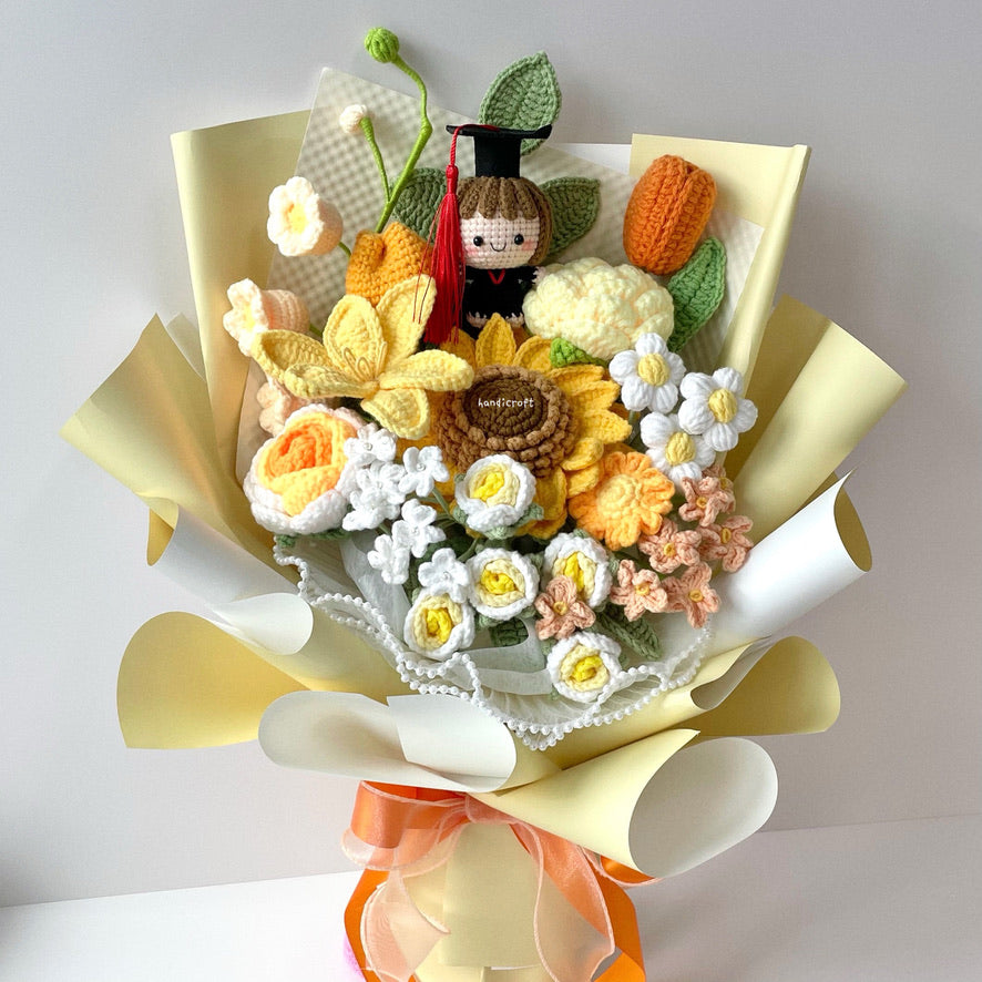 handicroft handmade crochet yellow graduation flower bouquet sunny side up