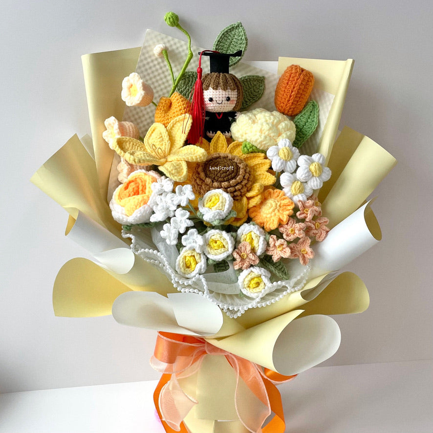 handicroft handmade crochet yellow graduation flower bouquet sunny side up