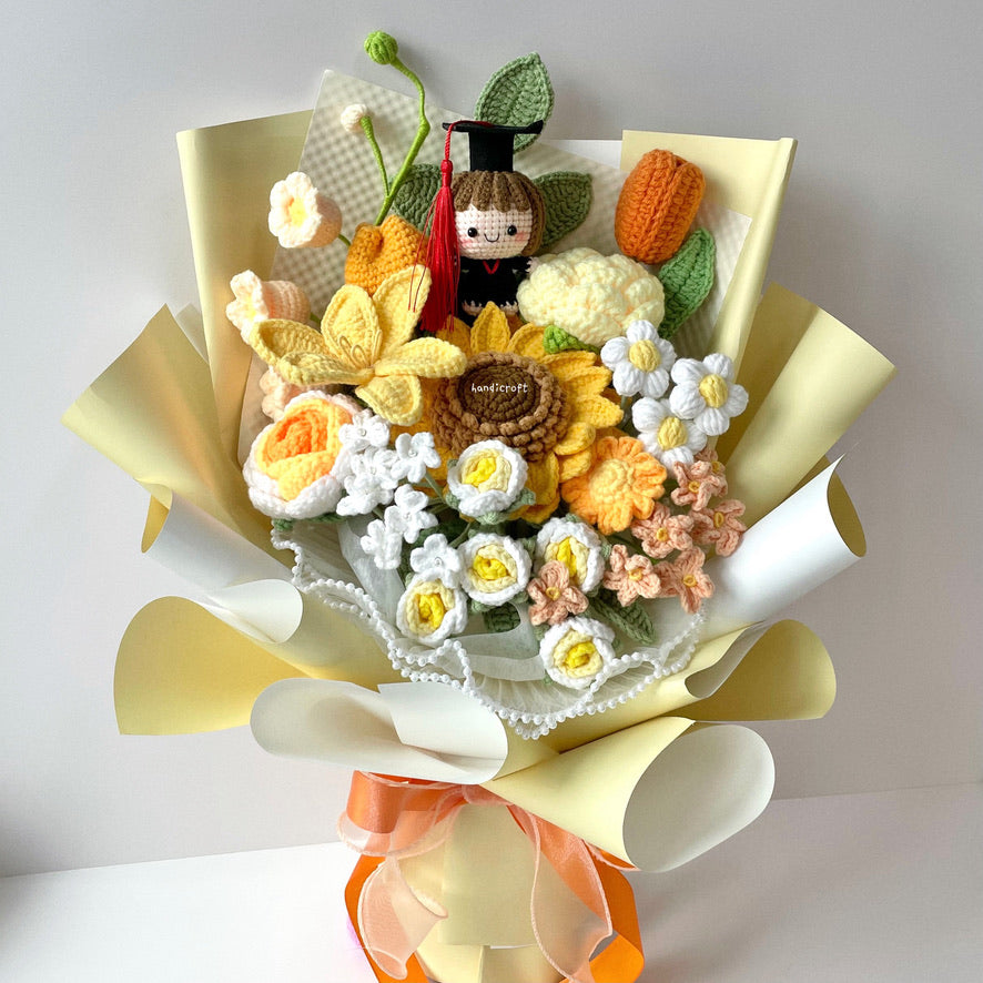 handicroft handmade crochet yellow graduation flower bouquet sunny side up