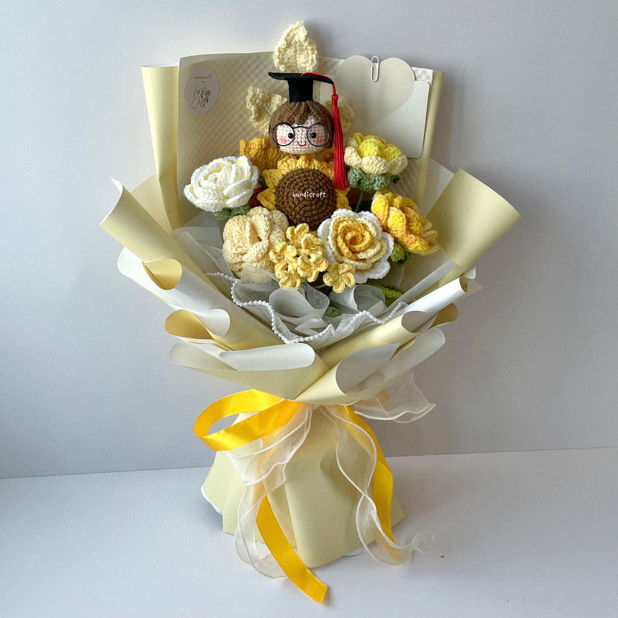 handicroft handmade crochet yellow graduation flower bouquet sunshine of success