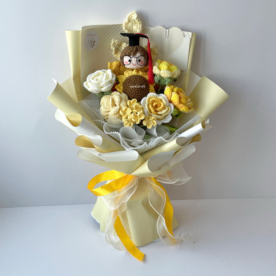 handicroft handmade crochet yellow graduation flower bouquet sunshine of success