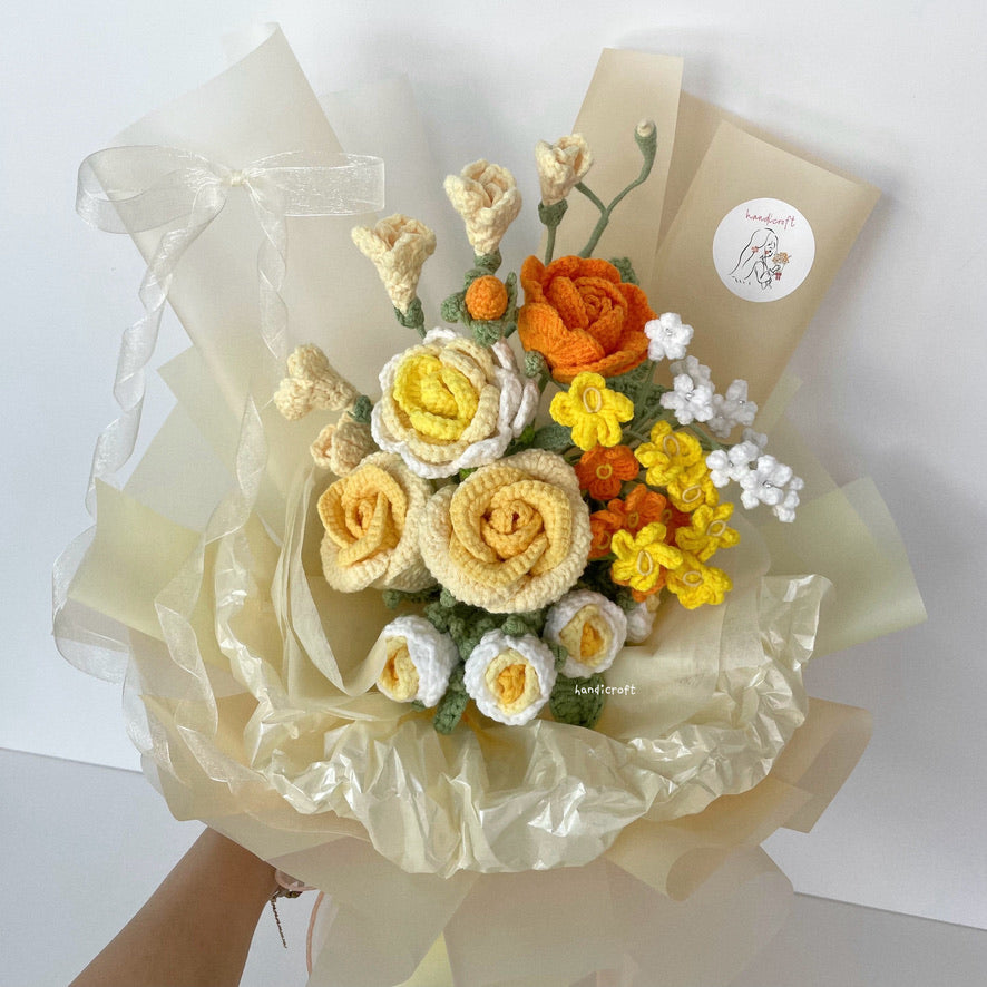 handicroft handmade crochet yellow & orange flower bouquet summer glow