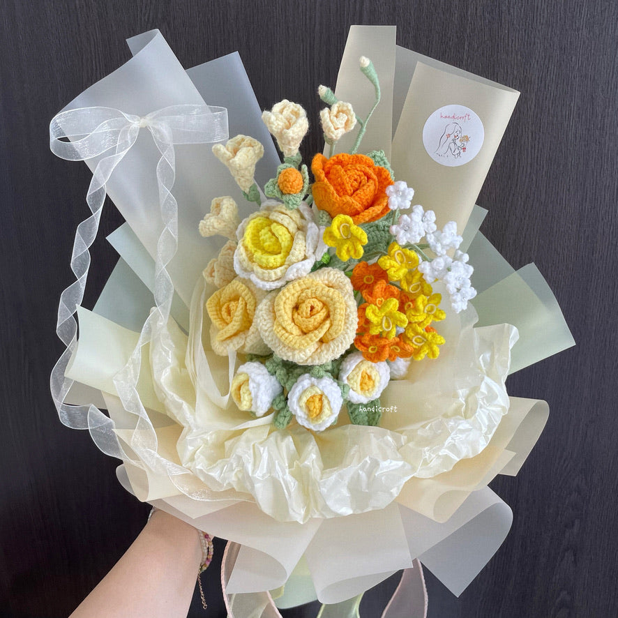 handicroft handmade crochet yellow & orange flower bouquet summer glow