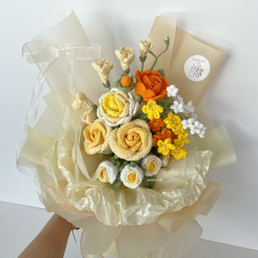 handicroft handmade crochet yellow & orange flower bouquet summer glow