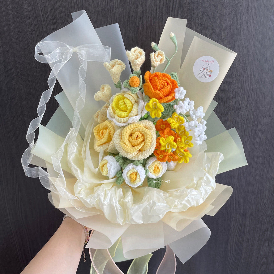 handicroft handmade crochet yellow & orange flower bouquet summer glow