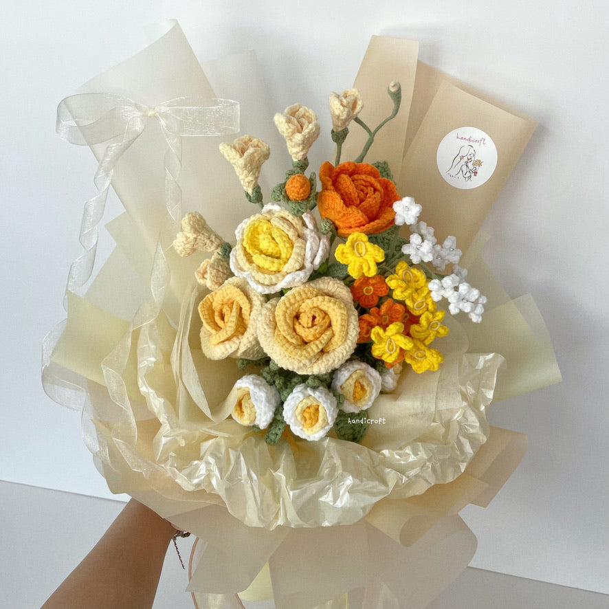 handicroft handmade crochet yellow & orange flower bouquet summer glow