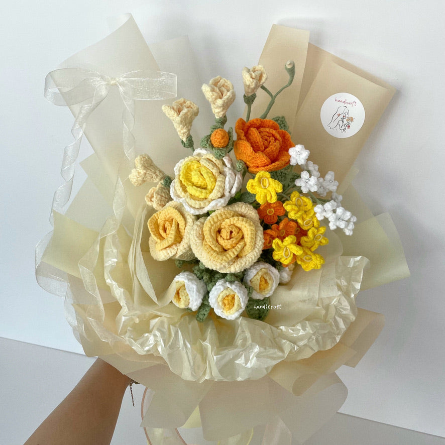 handicroft handmade crochet yellow & orange flower bouquet summer glow