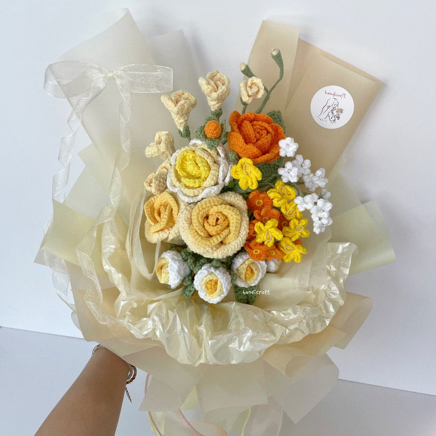 handicroft handmade crochet yellow & orange flower bouquet summer glow