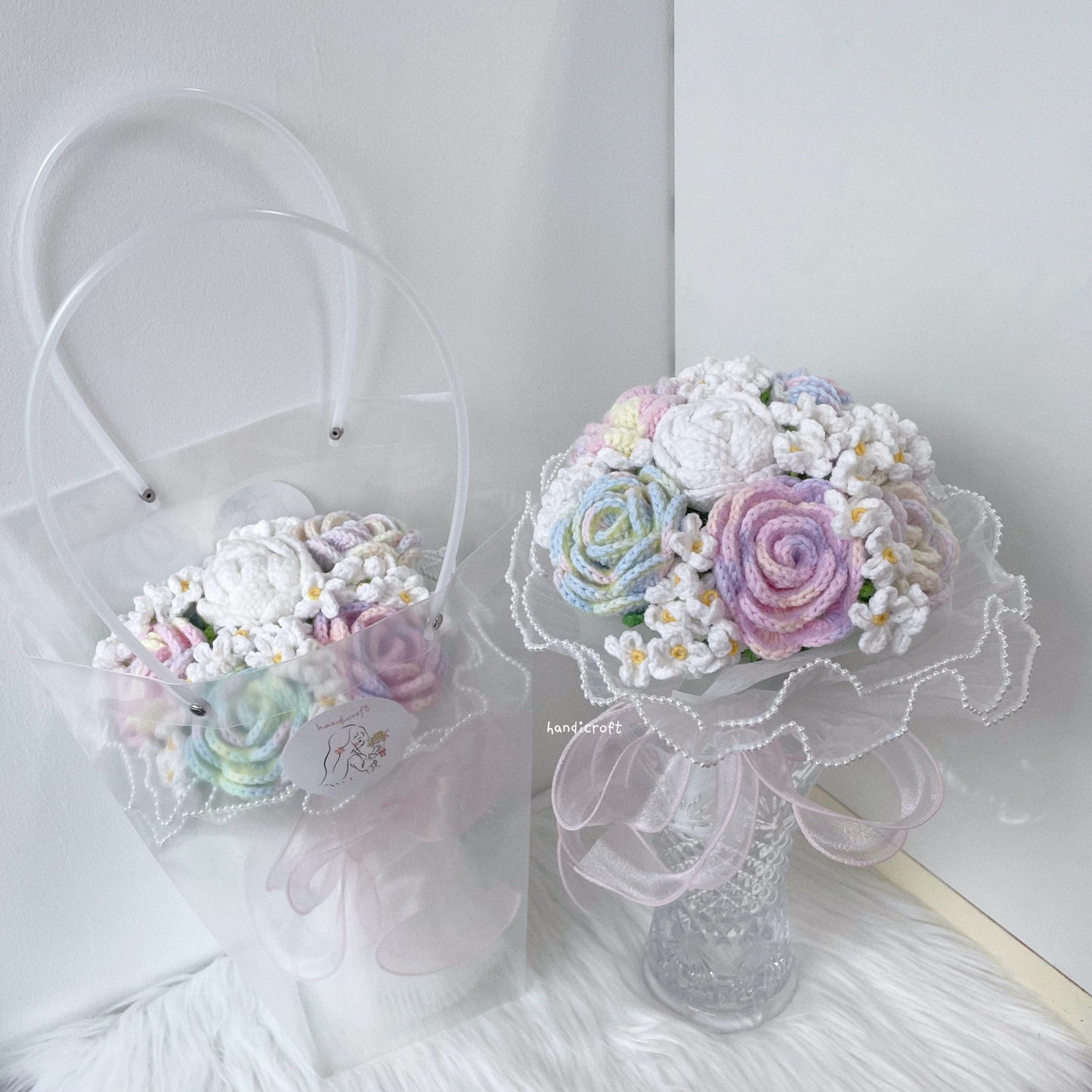 handicroft handmade special roses crochet flower bouquet pastel dreams