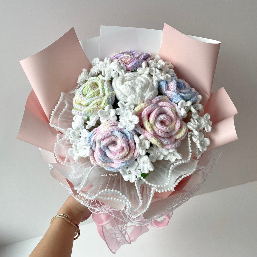 handicroft handmade special roses crochet flower bouquet pastel dreams