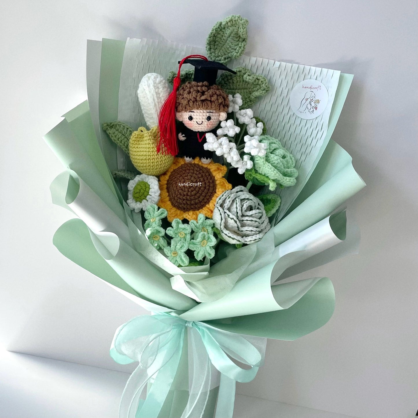 handicroft singapore crochet graduation flower bouquet memories in bloom girl boy graduate doll green