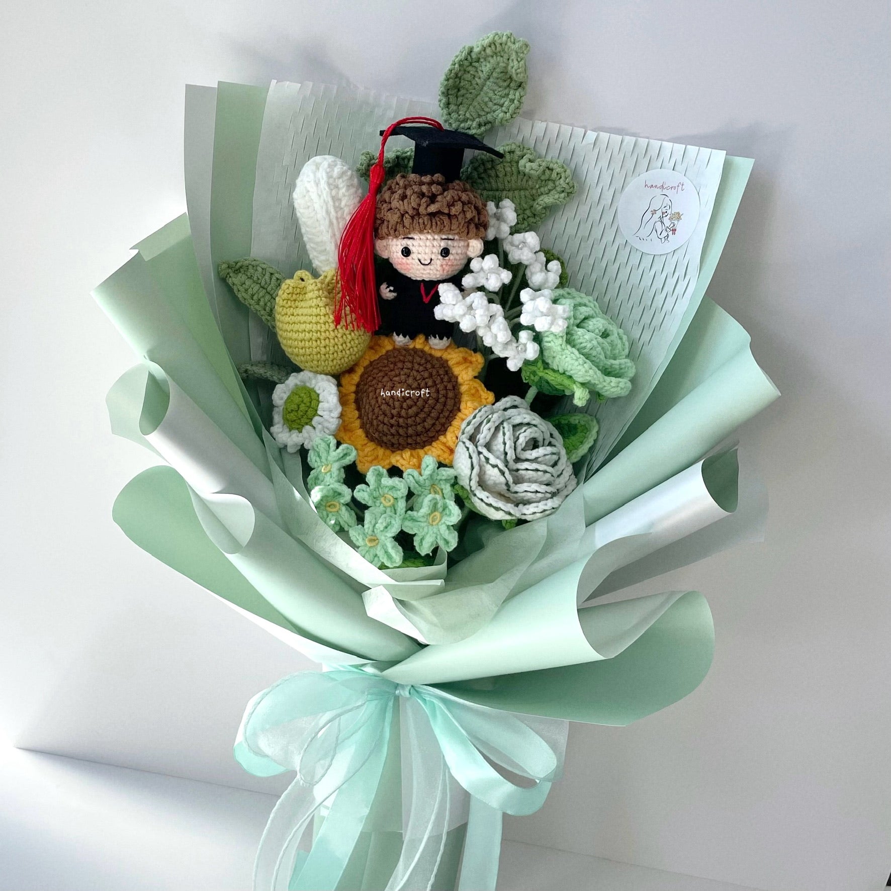handicroft singapore crochet graduation flower bouquet memories in bloom girl boy graduate doll green