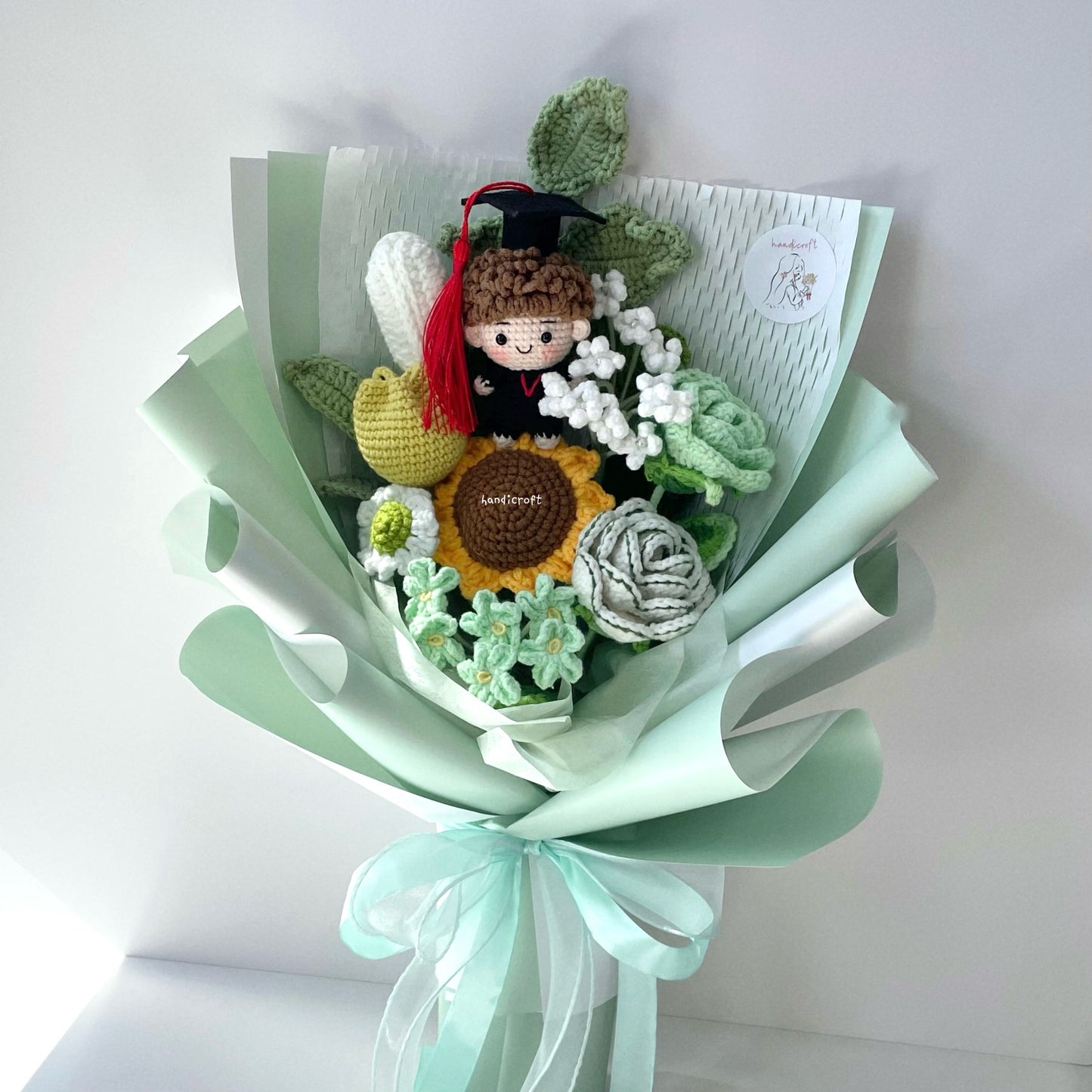 handicroft singapore crochet graduation flower bouquet memories in bloom girl boy graduate doll green