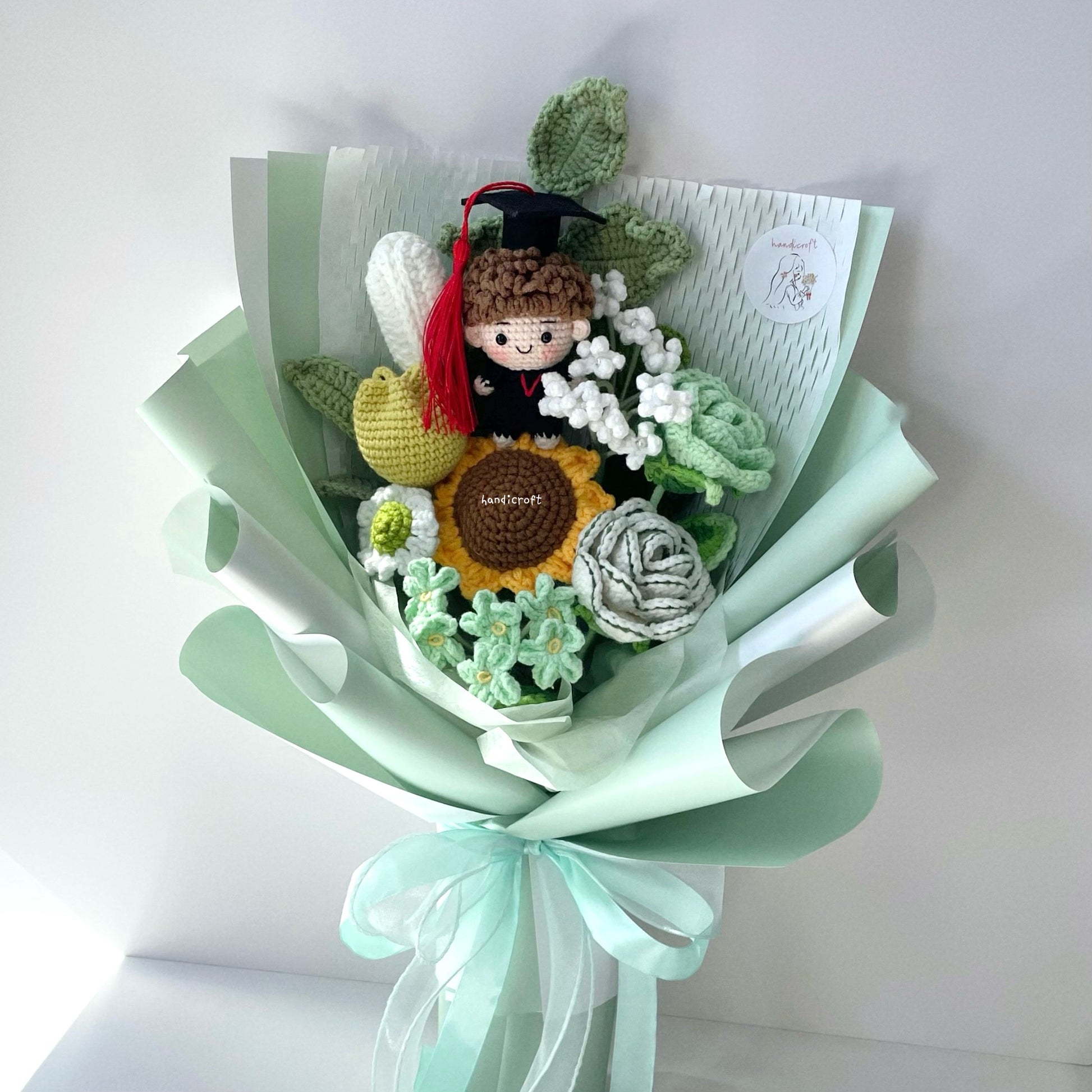 handicroft singapore crochet graduation flower bouquet memories in bloom girl boy graduate doll green