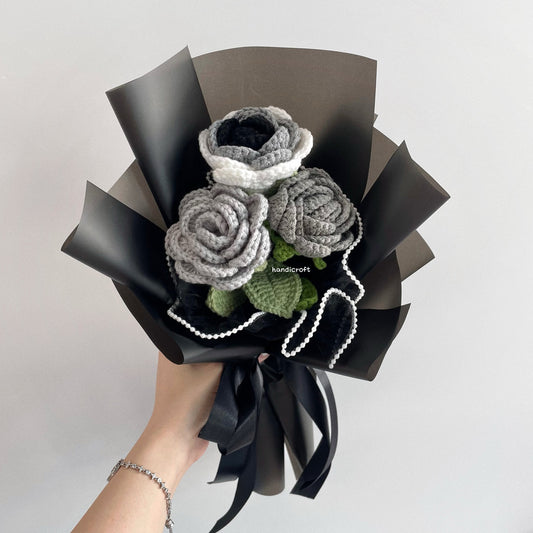 handicroft singapore handmade crochet affordable grey roses flower bouquet moonlight