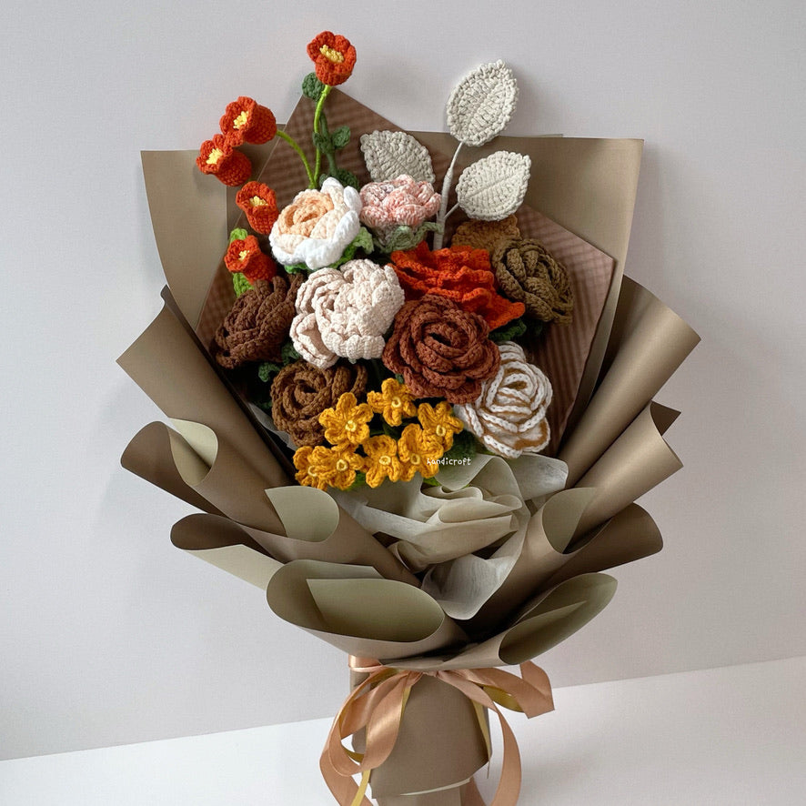 handicroft singapore handmade crochet brown vintage flower bouquet latte love