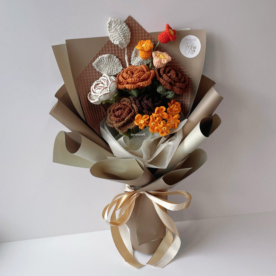 handicroft singapore handmade crochet brown vintage flower bouquet latte love medium size