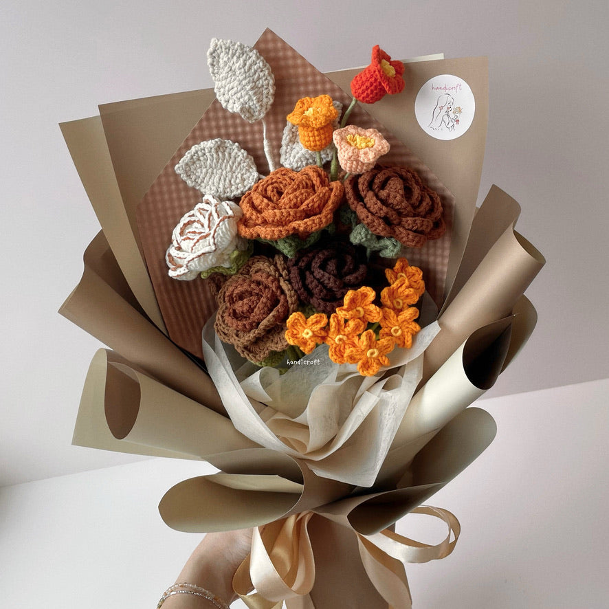 handicroft singapore handmade crochet brown vintage flower bouquet latte love medium size