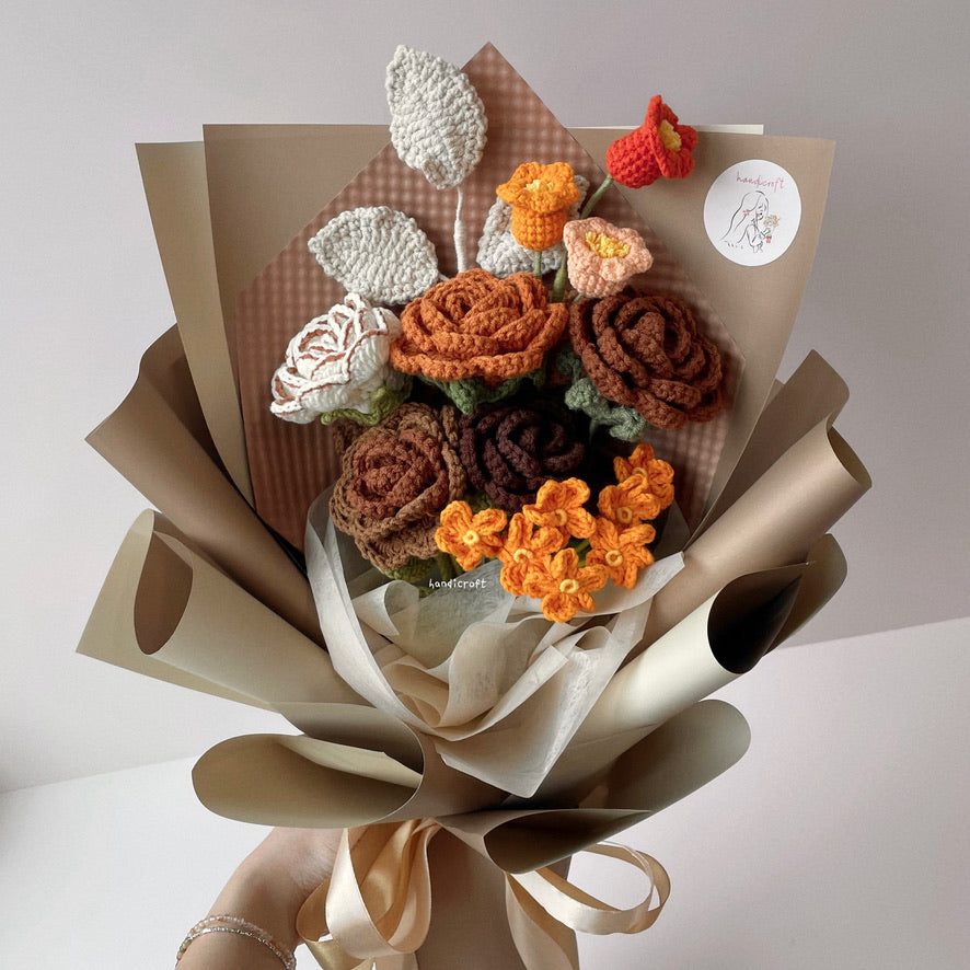 handicroft singapore handmade crochet brown vintage flower bouquet latte love medium size