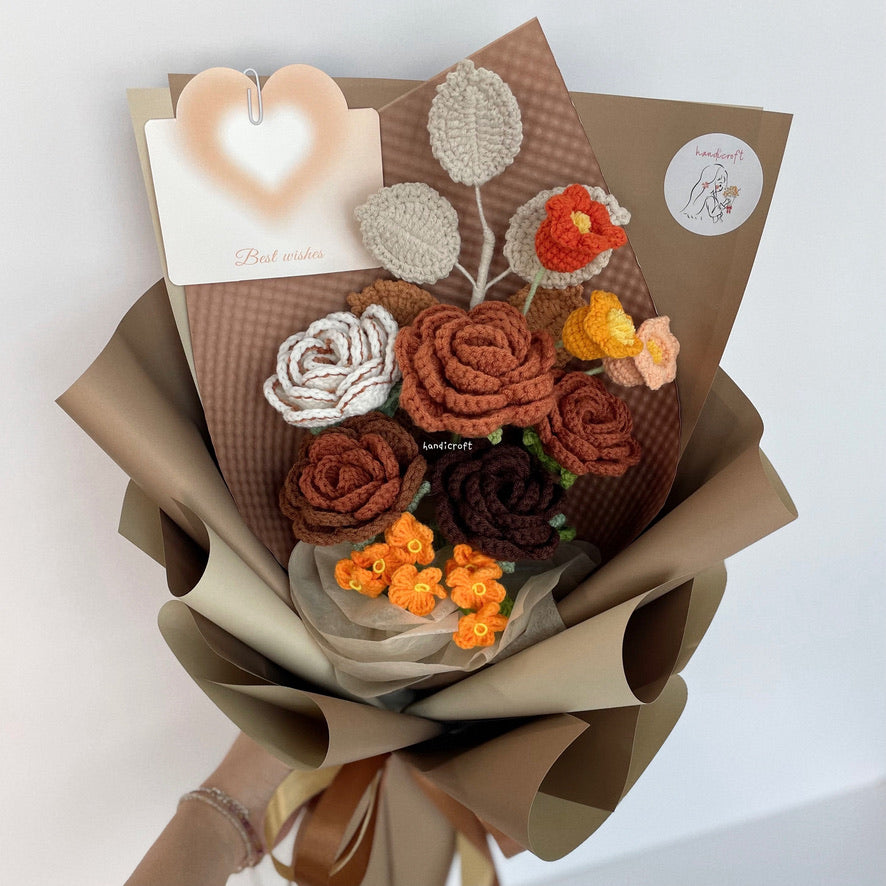 handicroft singapore handmade crochet brown vintage flower bouquet latte love medium size