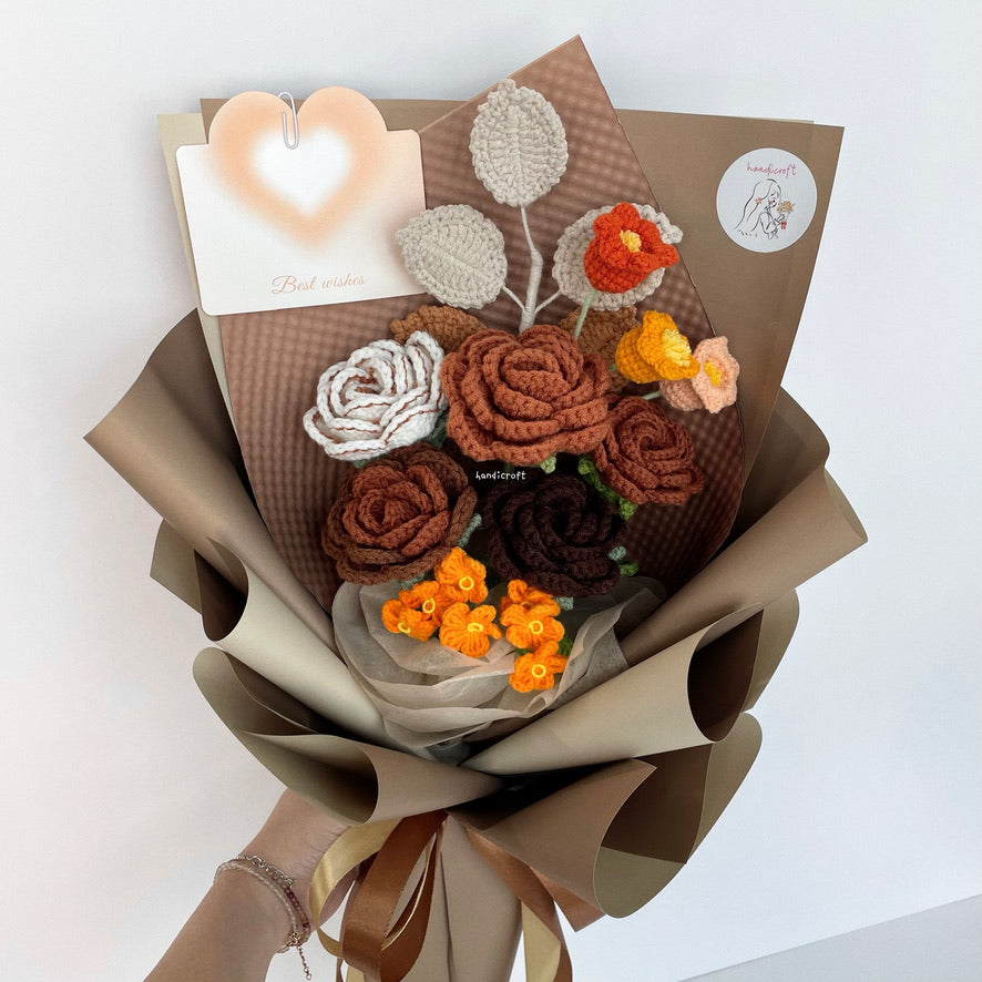 handicroft singapore handmade crochet brown vintage flower bouquet latte love medium size