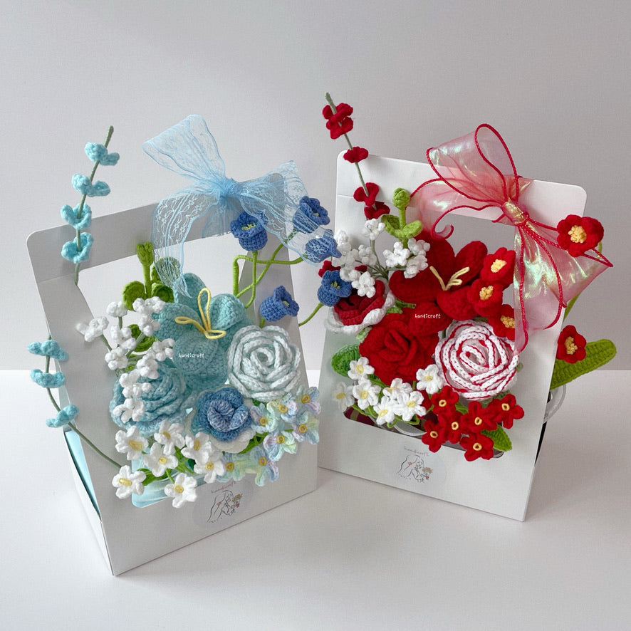 handicroft singapore handmade crochet everlasting flower bloom box blushin' & bloomin' in blue and red