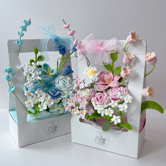 handicroft singapore handmade crochet everlasting flower bloom box blushin' & bloomin' in pink and blue