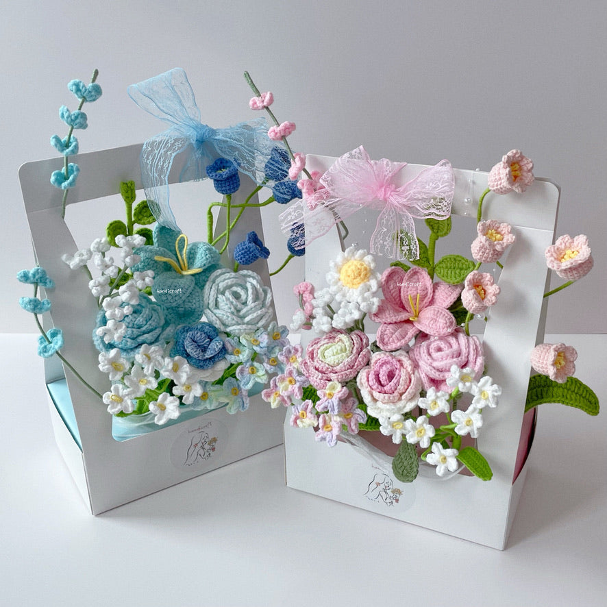 handicroft singapore handmade crochet everlasting flower bloom box blushin' & bloomin' in pink and blue