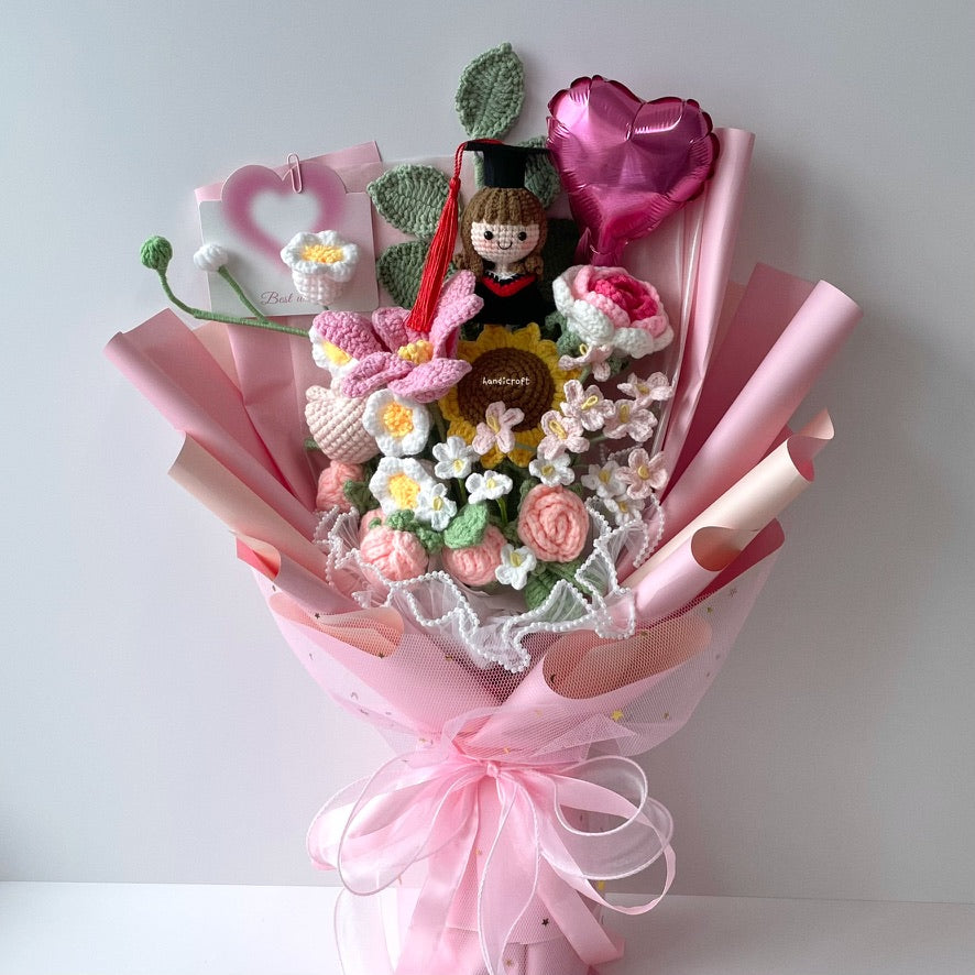 handicroft singapore handmade crochet everlasting graduation flower bouquet cherished memories in 6 colours big pink