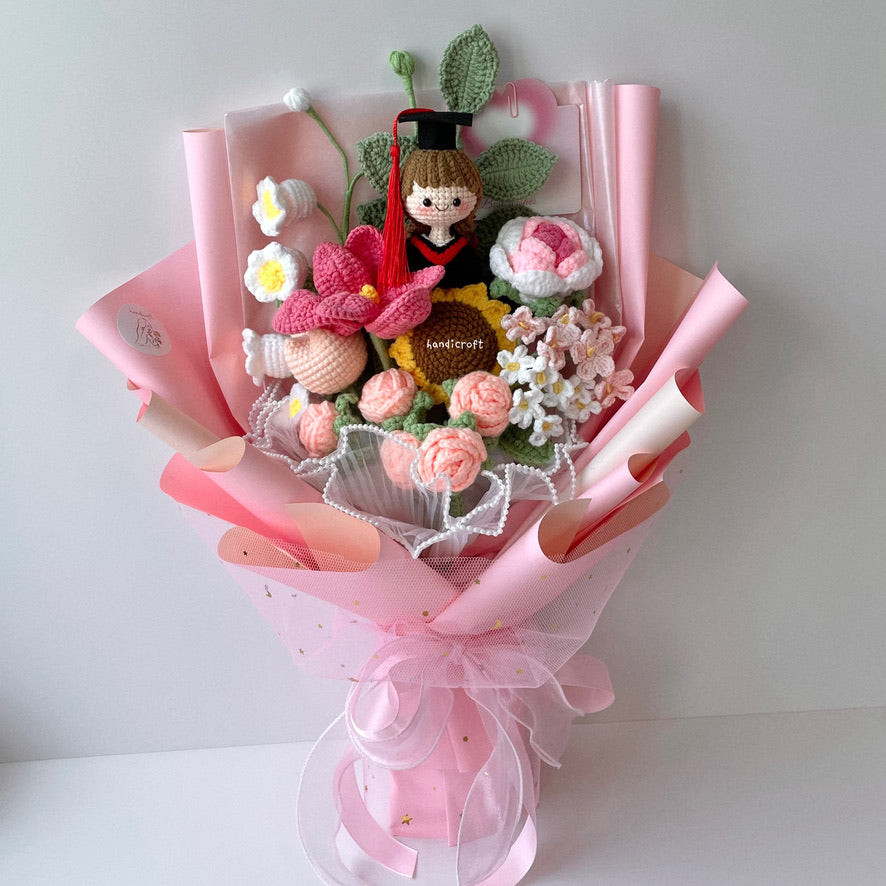 handicroft singapore handmade crochet everlasting graduation flower bouquet cherished memories in 6 colours big pink