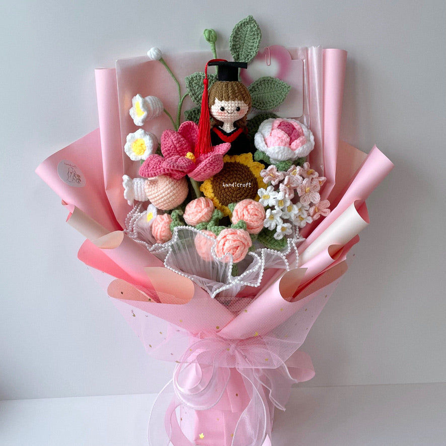 handicroft singapore handmade crochet everlasting graduation flower bouquet cherished memories in 6 colours big pink