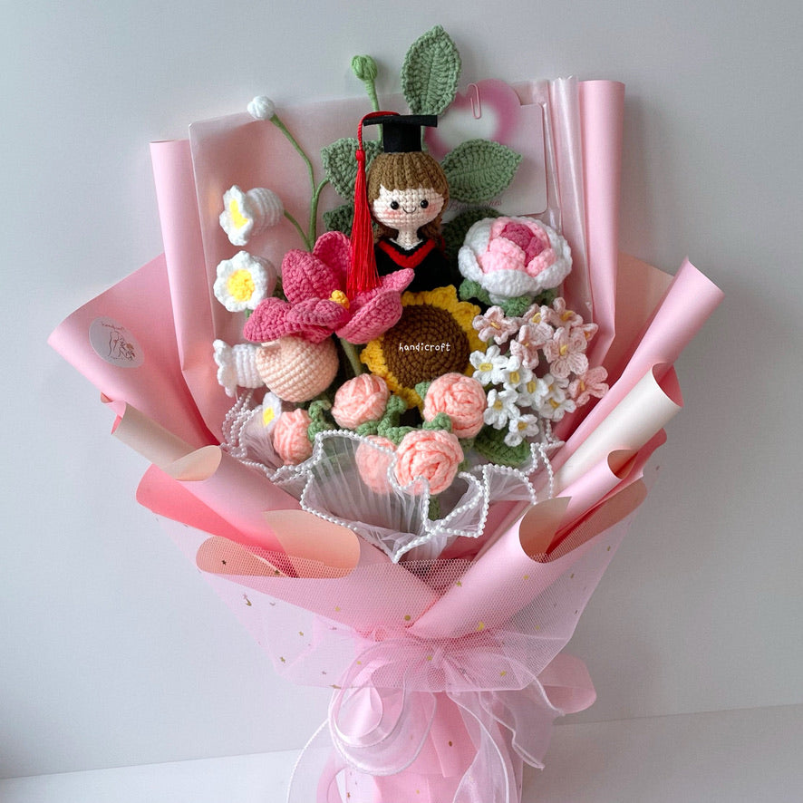 handicroft singapore handmade crochet everlasting graduation flower bouquet cherished memories in 6 colours big pink