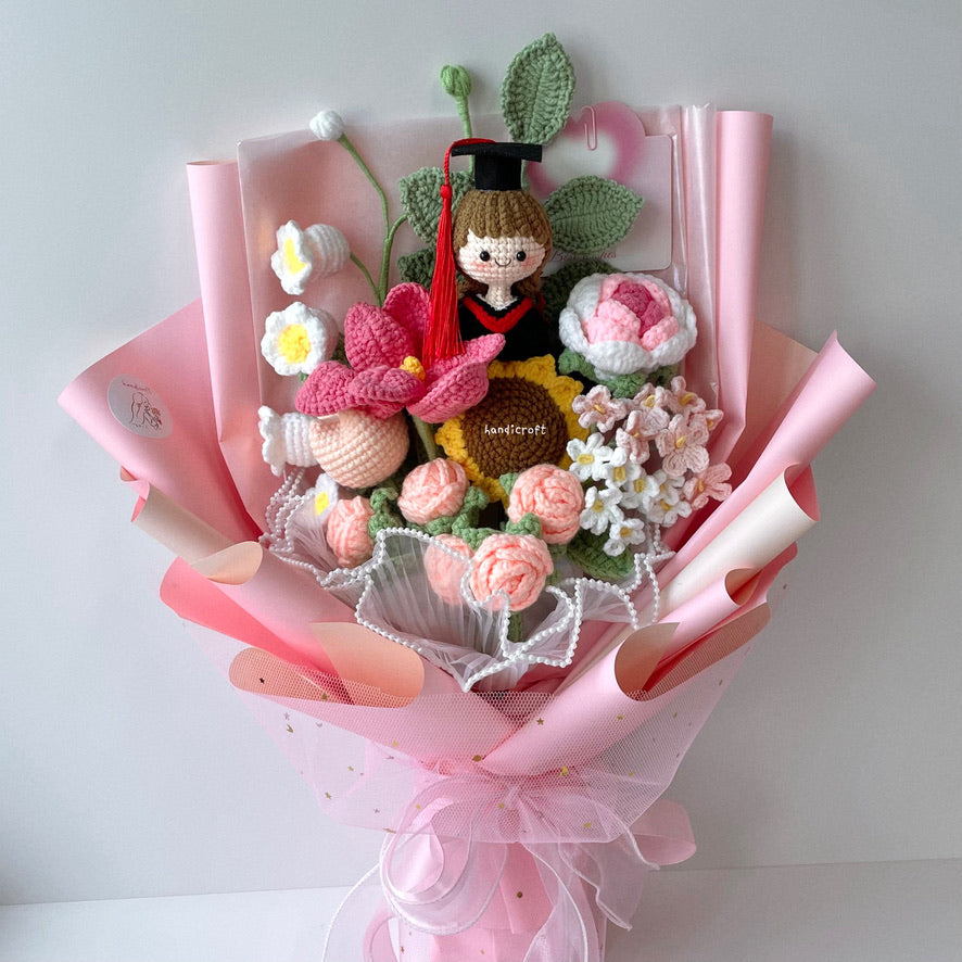 handicroft singapore handmade crochet everlasting graduation flower bouquet cherished memories in 6 colours big pink